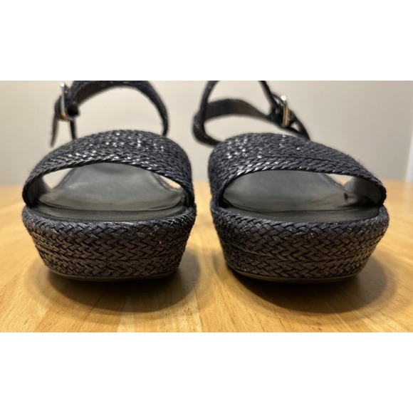 Stuart Weitzman Black Woven Wedge Sandals Buckle Ankle Strap Size 8 - Picture 2 of 8
